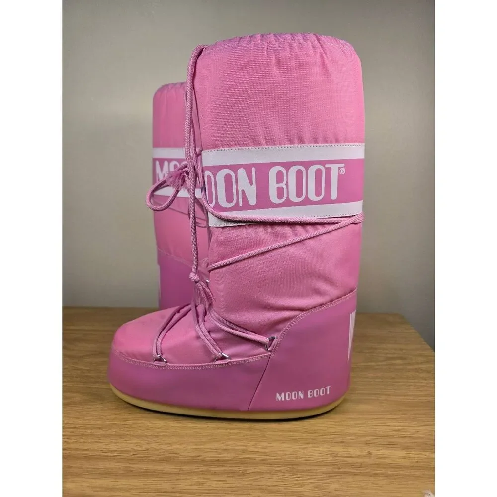 Moon Boot Icon Nylon Pink Women’s Snow Boots Size 12.5 Tall Lace Up Après-Ski